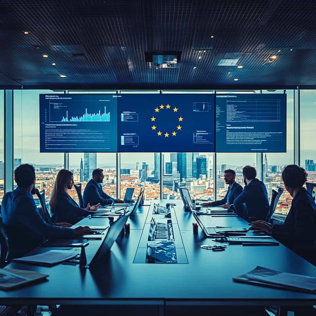 Επαγγελματίες αναλυτές μελετούν ενεργειακά δεδομένα σε ψηφιακές οθόνες σε σύγχρονη αίθουσα συσκέψεων.